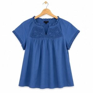 Talbots Petite Blue Soutache Embroidered Cotton Poplin Blouse Short Sleeve P